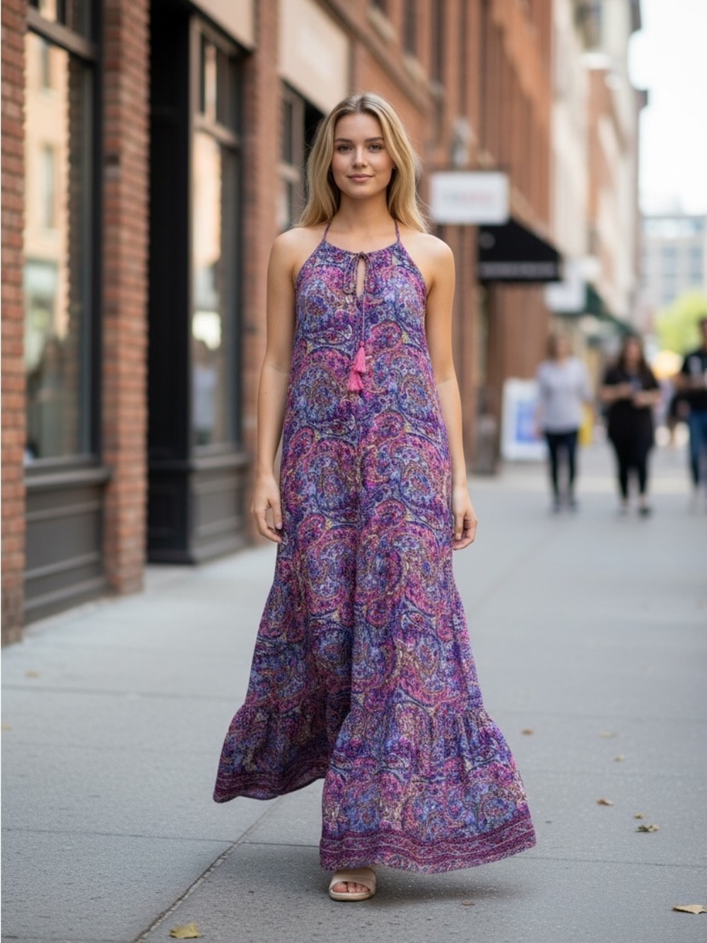 Boho Tie-Neck Maxi Dress in Purple Paisley - Picture 2 of 5
